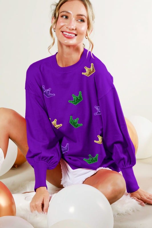 Mardi Gras Sequin Crown Sweater Two Colors