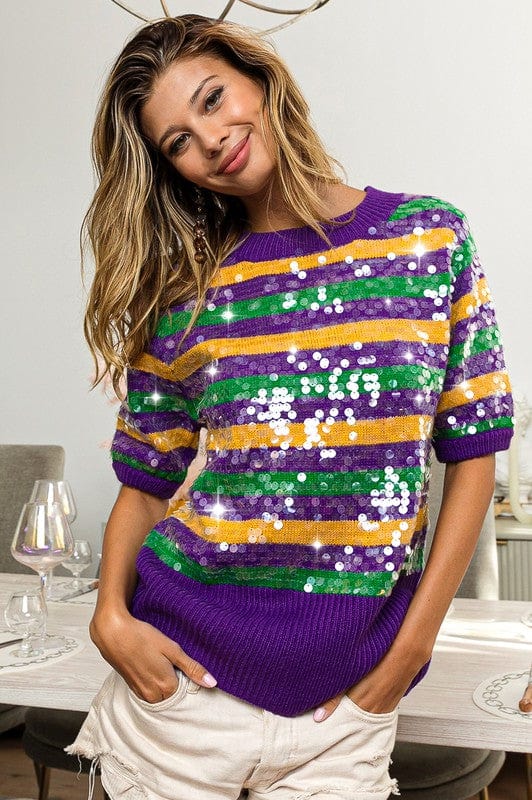 Mardi Gras All Over Clear Sequin Stripe Sweater