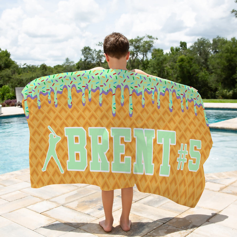 Ice Cream Drip Baseball Personalized Beach Towel - Mint Boy holding the towel by the pool