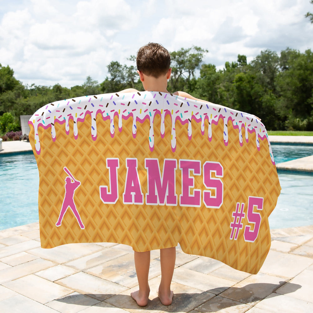 Ice Cream Drip Baseball Personalized Beach Towel - White/Pink Boy holding a towel by the pool