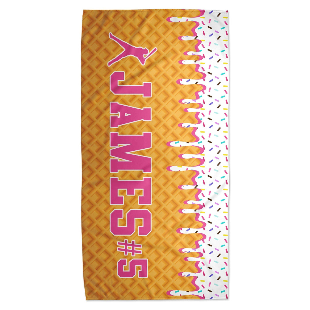 Ice Cream Drip Baseball Personalized Beach Towel - White/Pink on a White Background