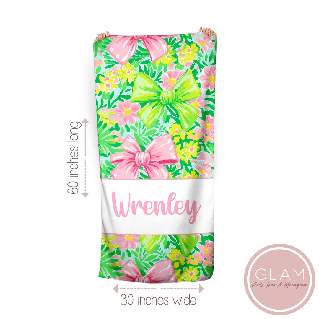 Pink and Green Bow Personalized Beach Towel