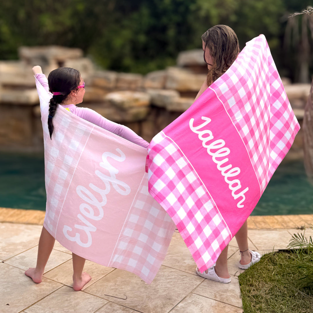 Gingham Preppy Girls Personalized Kids Beach Towel