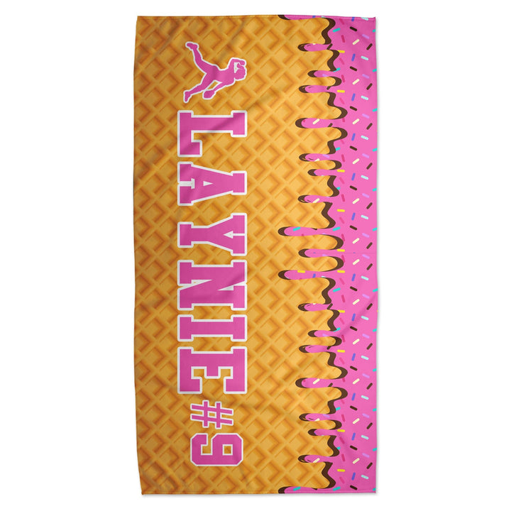 Ice Cream Drip Softball Personalized Beach Towel - Pink on White Background