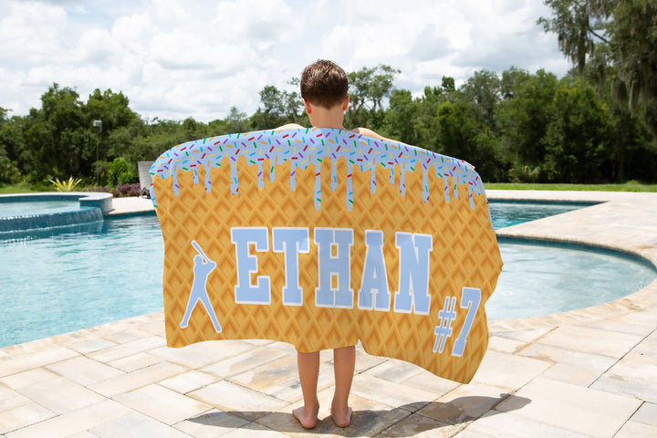 Ice Cream Drip Baseball Personalized Beach Towel - Blue