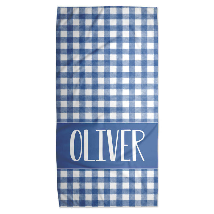 Navy Blue Gingham Check Personalized Beach Towel on a White Background 