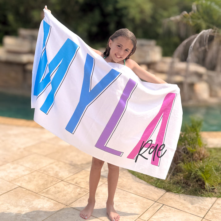 Multi-Colored Name Outline Personalized Beach Towel For Girls