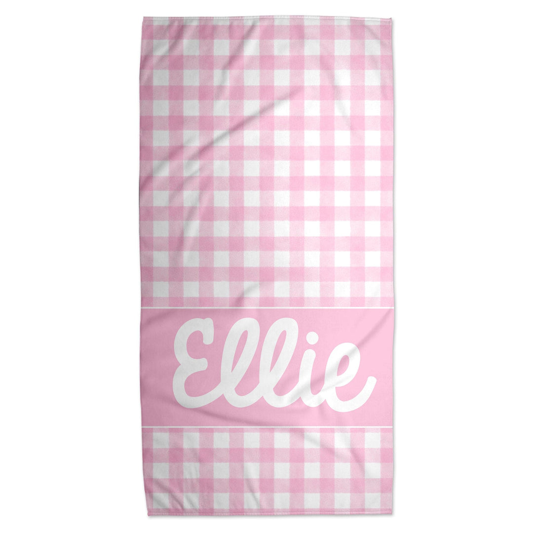 Pink Gingham Personalized Beach Towel on a White Background