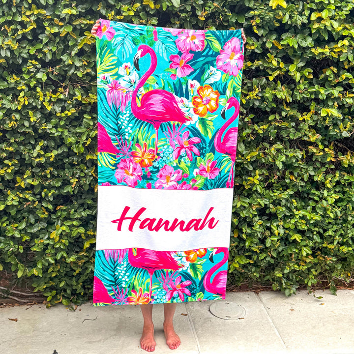 Preppy Personalized Flamingo Beach Towel