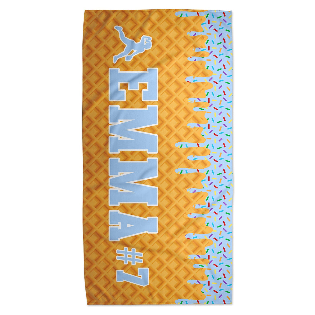 Ice Cream Drip Softball Personalized Beach Towel - Blue