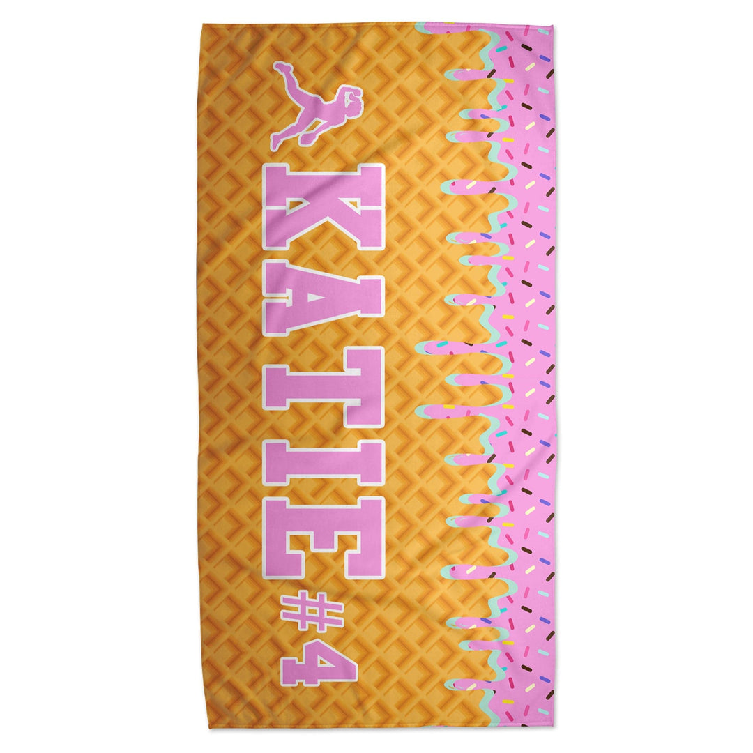 Ice Cream Drip Softball Personalized Beach Towel - Pink/Blue on White Background