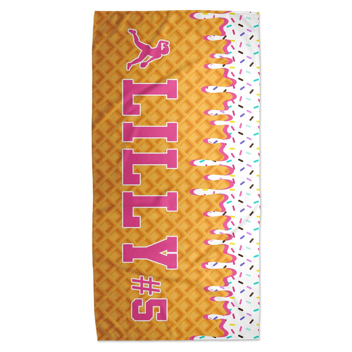 Ice Cream Drip Softball Personalized Beach Towel - White/Pink