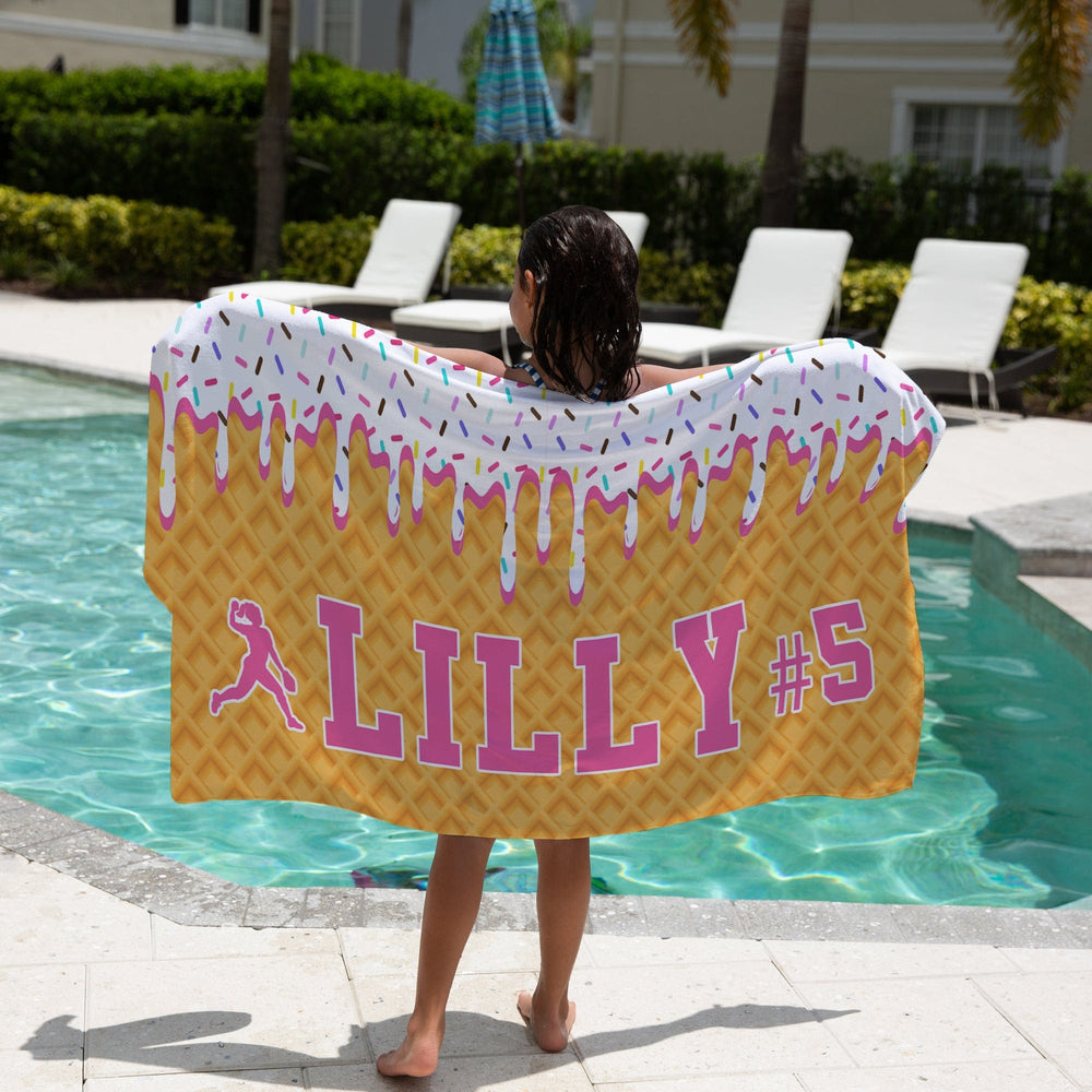 Ice Cream Drip Softball Personalized Beach Towel - White/Pink On a girl by a pool