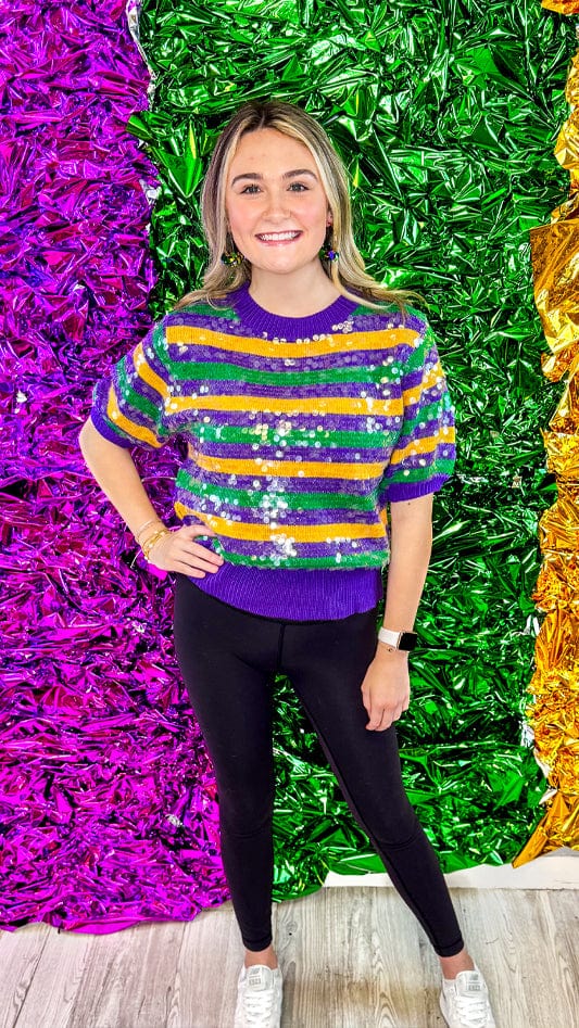 Mardi Gras All Over Clear Sequin Stripe Sweater