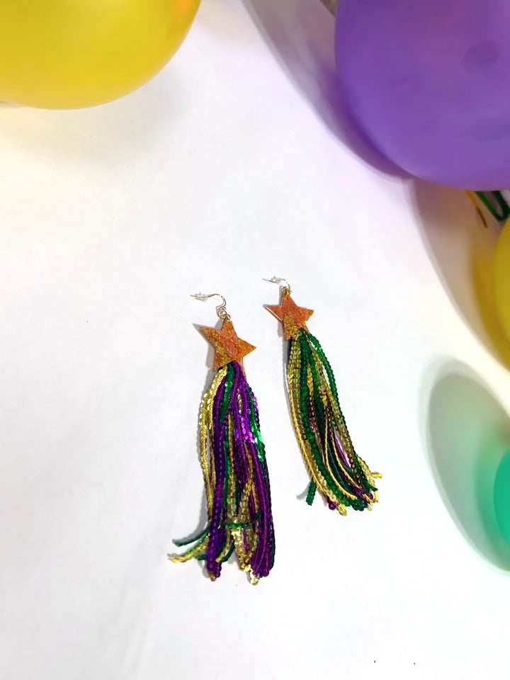 Star Studded Mardi Gras Tassel Earrings