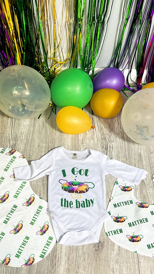 I Got The Baby King Cake Bodysuit With Personalized Bib and Burp Cloth Set